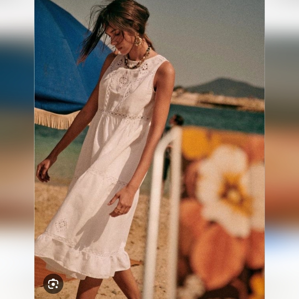 Sezane White Linen Cotton Zarri Embroidered Midi Dress 40/M Repaired/Altered